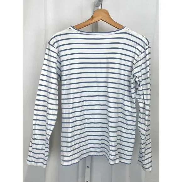 LAKE Striped Pajama Top Crew Neck Long Sleeve Pima Cotton Blue White Size M - Picture 2 of 7